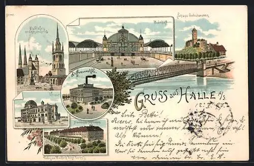 Lithographie Halle /Saale, Bahnhof, Universität, Frankesche Stiftungen