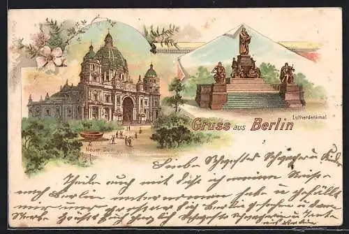 Lithographie Berlin, Neuer Dom und Luther Denkmal