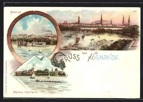 Lithographie Hamburg-Neustadt, Fährhaus Uhlenhorst, Alsterlust, Blick über die Alster