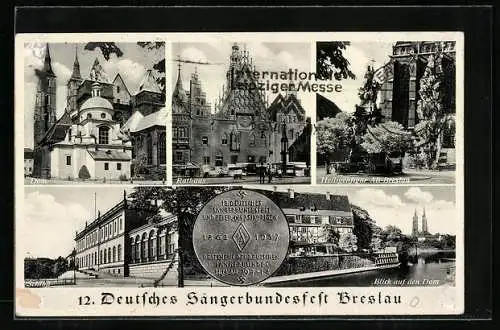 AK Breslau, 12. Deutsches Sänger-Bundesfest 1937, Dom, Rathaus, Heiligenfigur, Schloss, Medaille mit en