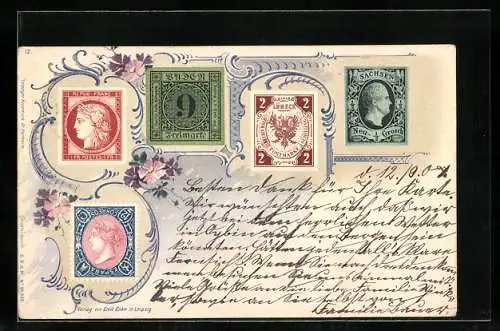 AK Briefmarken aus Sachsen, Lübeck, Spanien und Frankreich