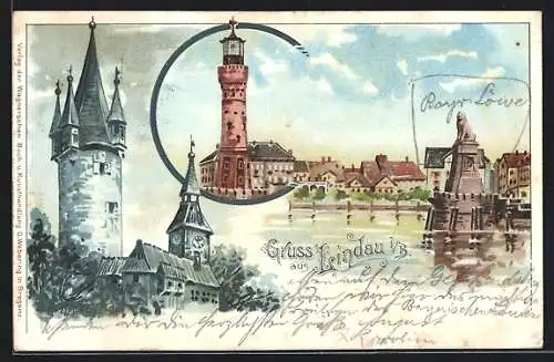 Lithographie Lindau i / B., Kirche, Ortspartie mit Denkmal, Gebäudeansicht