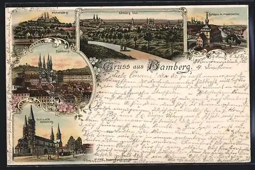 Lithographie Bamberg, Miachaelsberg, Dom und alte Hofhaltung, Rathaus mit Wassserpartie
