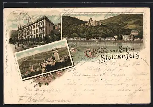 Lithographie Stolzenfels, Schloss und Hotel Bellevue