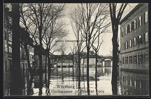 AK Würzburg, Hochwasser 1909, Strasse Untere Juliuspromenade mit Geschäft N. Stern