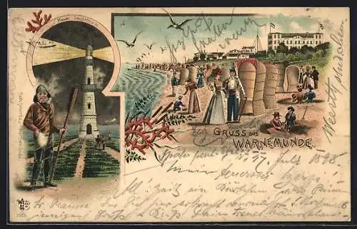 Lithographie Warnemünde, Leuchtturm mit Fischer, Strandpartie mit Hotel