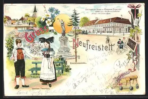 Lithographie Neufreistett, Gasthaus zum Adler, Kriegerdenkmal, Hanauer Trachten