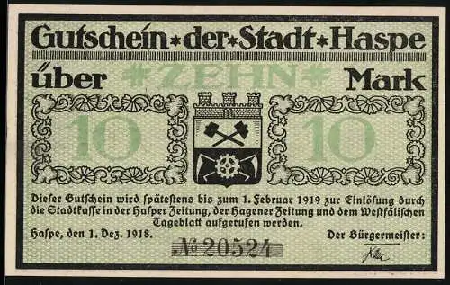 Notgeld Haspe 1918, 10 Mark, Der alte Harkort, Wohnhaus, Stadtwappen
