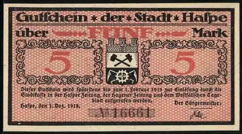 Notgeld Haspe 1918, 5 Mark, Talsperre, Stadtwappen