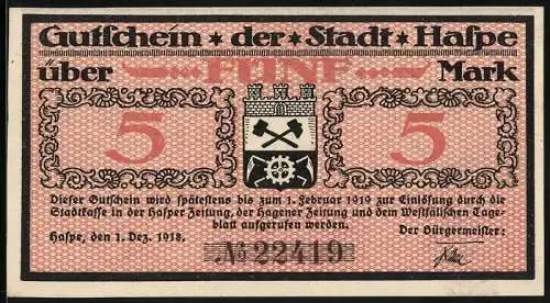 Notgeld Haspe 1918, 5 Mark, Talsperre, Stadtwappen