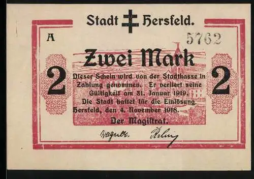 Notgeld Hersfeld 1918, 2 Mark, Ortspartie mit Kirche