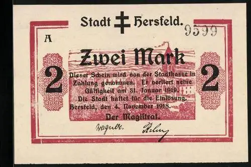 Notgeld Hersfeld 1918, 2 Mark, Blick auf die Kirche