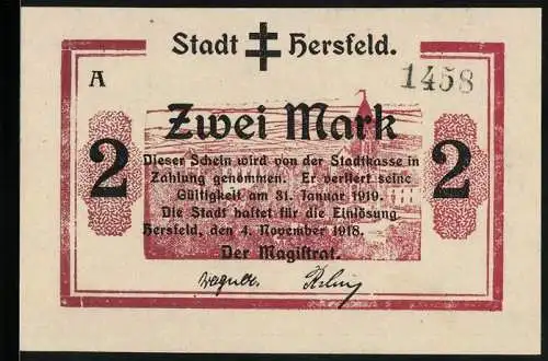 Notgeld Hersfeld 1918, 2 Mark, Panorama mit Kirche