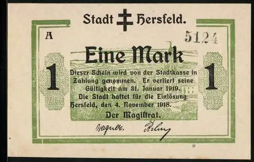 Notgeld Hersfeld 1918, 1 Mark, Panorama mit Kirche