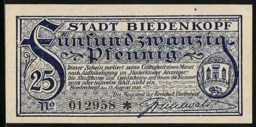 Notgeld Biedenkopf 1920, 25 Pfennig, Stadtwappen