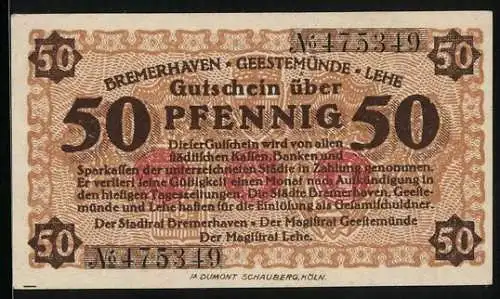 Notgeld Geestemünde-Lehe, 50 Pfennig, Segelschiff in Fahrt