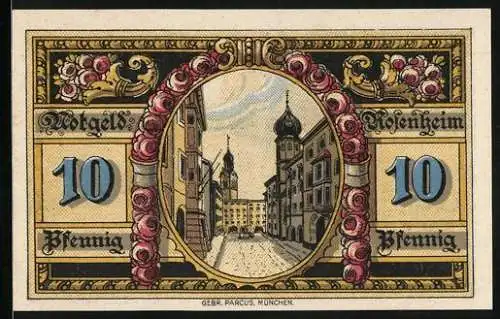 Notgeld Rosenheim 1921, 10 Pfennig, Strassenpartie mit dem Rathaus