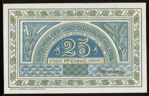 Notgeld Oldenburg / Holstein, 25 Pfennig, Ortspartien in Stargard und Oldenburg