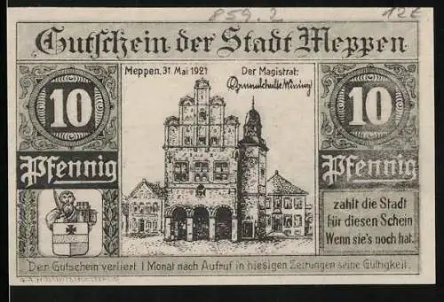 Notgeld Meppen 1921, 10 Pfennig, Torfstecher und das Rathaus