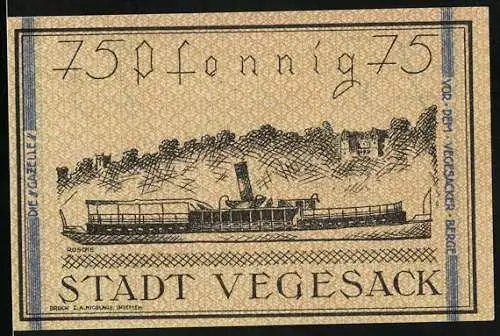 Notgeld Vegesack 1921, 75 Pfennig, Dampfer auf dem Wasser