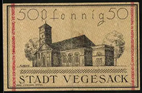 Notgeld Vegesack 1921, 50 Pfennig, Partie an der Kirche