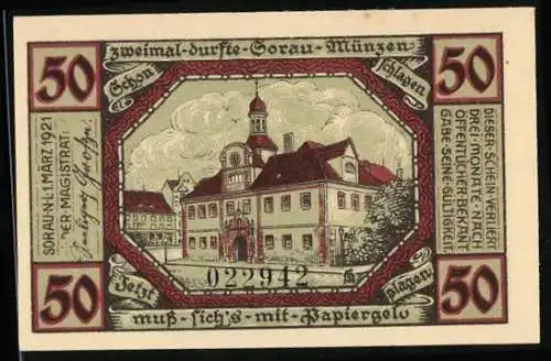 Notgeld Sorau /Niederlausitz 1921, 50 Pfennig, Wappen, Rathaus