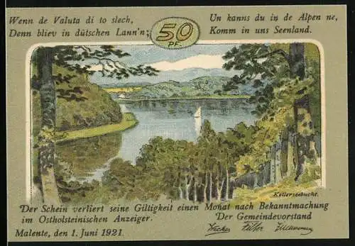 Notgeld Malente-Gremsmühlen 1921, 50 Pfennig, Blick auf die Kellerseebucht