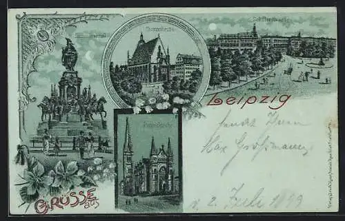 Mondschein-Lithographie Leipzig, Thomaskirche, Siegesdenkmal, Schillerstrasse