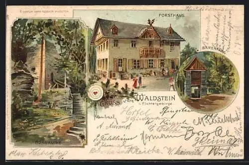 Lithographie Zell a. See, Gasthaus zum Forsthaus Waldstein, Bärenfang, Burgruine