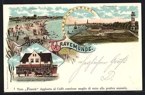 Lithographie Travemünde, Restaurant zur Post v. H. Schütt, Strandpartie, Ortsansicht