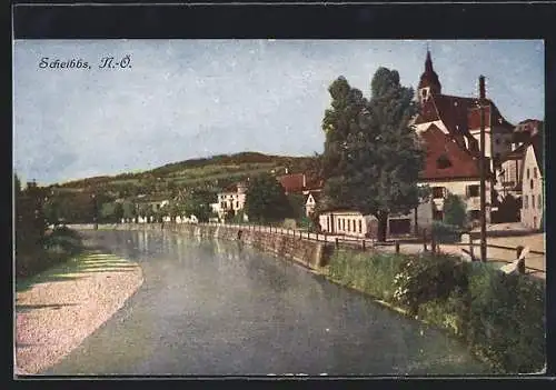 AK Scheibbs /N.-Ö., Uferpartie mit Kirche