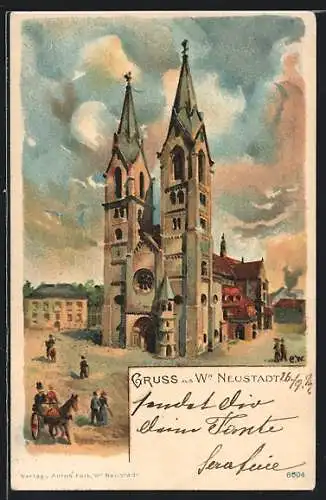 Lithographie Wr.-Neustadt, Partie an der Kirche