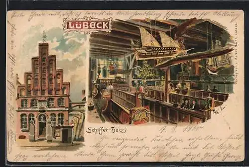 Lithographie Lübeck, Schiffer-Haus, mit Blick in die Innenräume