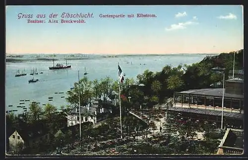 AK Hamburg-Othmarschen, Gasthaus Elbschlucht, Gartenpartie und Elbstrom mit Dampfer