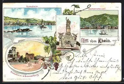 Lithographie Rüdesheim am Rhein, Brömserburg, Ortsansicht, Assmannshausen, Niederwald-Denkmal