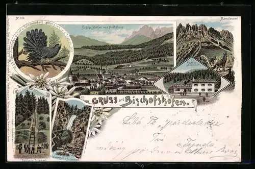 Lithographie Bischofshofen, Gasthaus Mitterberg, Ortsansicht gegen Hochkönig