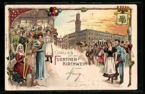 Lithographie Fürth, Kirchweih, Festbesucher am Rathaus, Harfnerin, Ganzsache Bayern