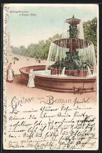 Lithographie Berlin-Tiergarten, Wrangelbrunnen u. Sieges-Allee