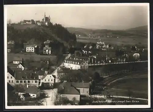 AK Judendorf-Strassengel, Ortsansicht mit Bahnschienen aus der Vogelschau