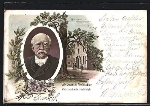 Vorläufer-Lithographie Schönhausen, 1895, Partie am Herrenhaus, Bismarck-Portrait