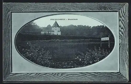 Mondschein-AK Friedrichsruh, Das Bismarck-Mausoleum, im Holzimitats-Passepartout