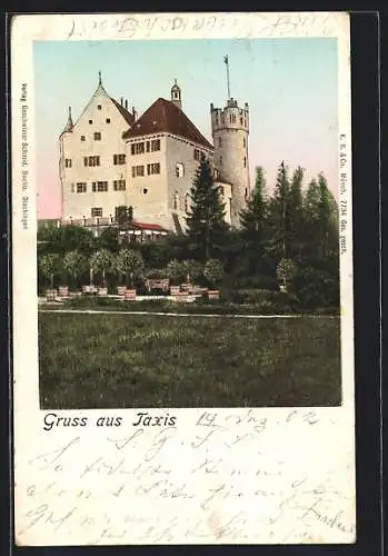 Goldfenster-AK Taxis, Blick zum Schloss mit leuchtenden Fenstern