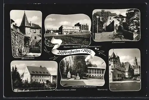 AK Uffenheim /Mfr., Heinrichsturm, Stadthalle mit Kriegerdenkmal