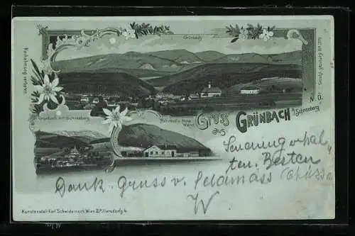 Mondschein-Lithographie Grünbach a. Schneeberg, Bahnhof und Hohe Wand, Panorama