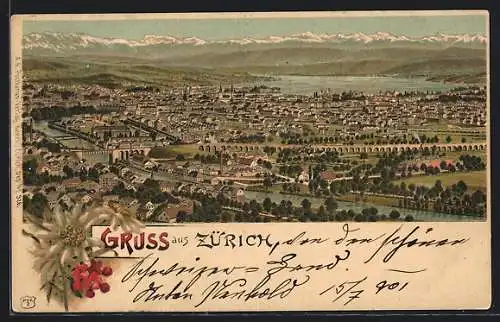 Lithographie Zürich, Neujahresgrüsse mit Blick auf die Stadt