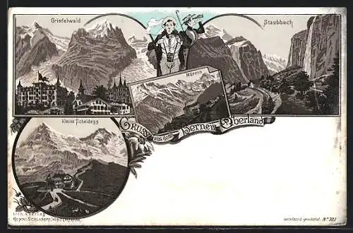 Lithographie Grindelwald, Staubbach, Ortsansicht mit Bahnhof und Kirche