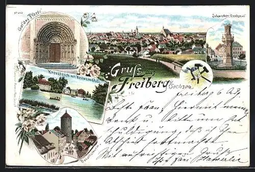 Vorläufer-Lithographie Freiberg i. Sachsen, 1894, Goldene Pforte, Kreuzteich mit Kreuzmühle, Schweden-Denkmal