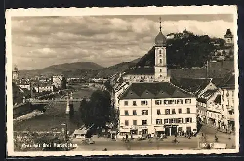 AK Graz, Ortsansicht mit drei Murbrücken und Restaurant Stadtkeller