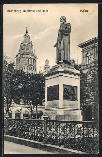 AK Mainz, Gutenberg-Denkmal und Dom