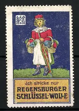 Reklamemarke Regensburger Schlüssel-Wolle, Hausfrau mit Wolle in Körben